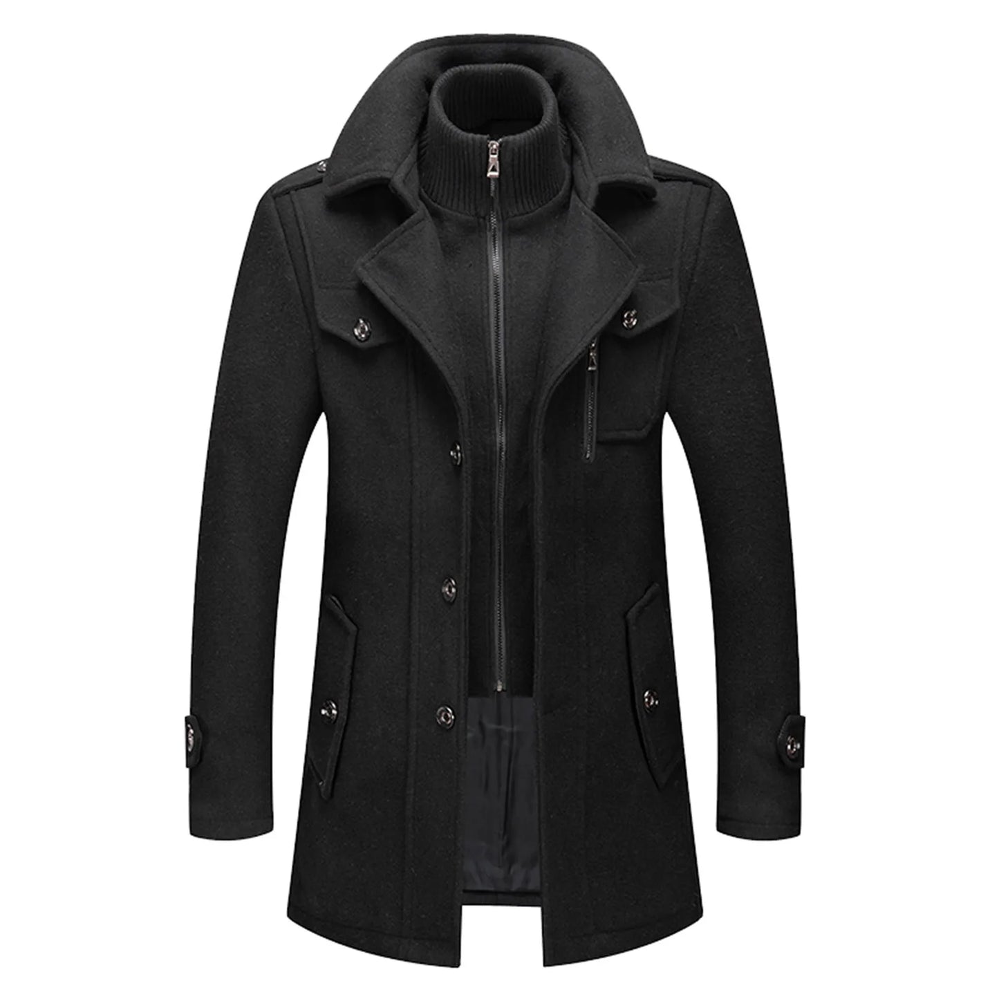 Men's Black Outwears Jackets 2 Piece Business Woolen Trench Coats Plus Size