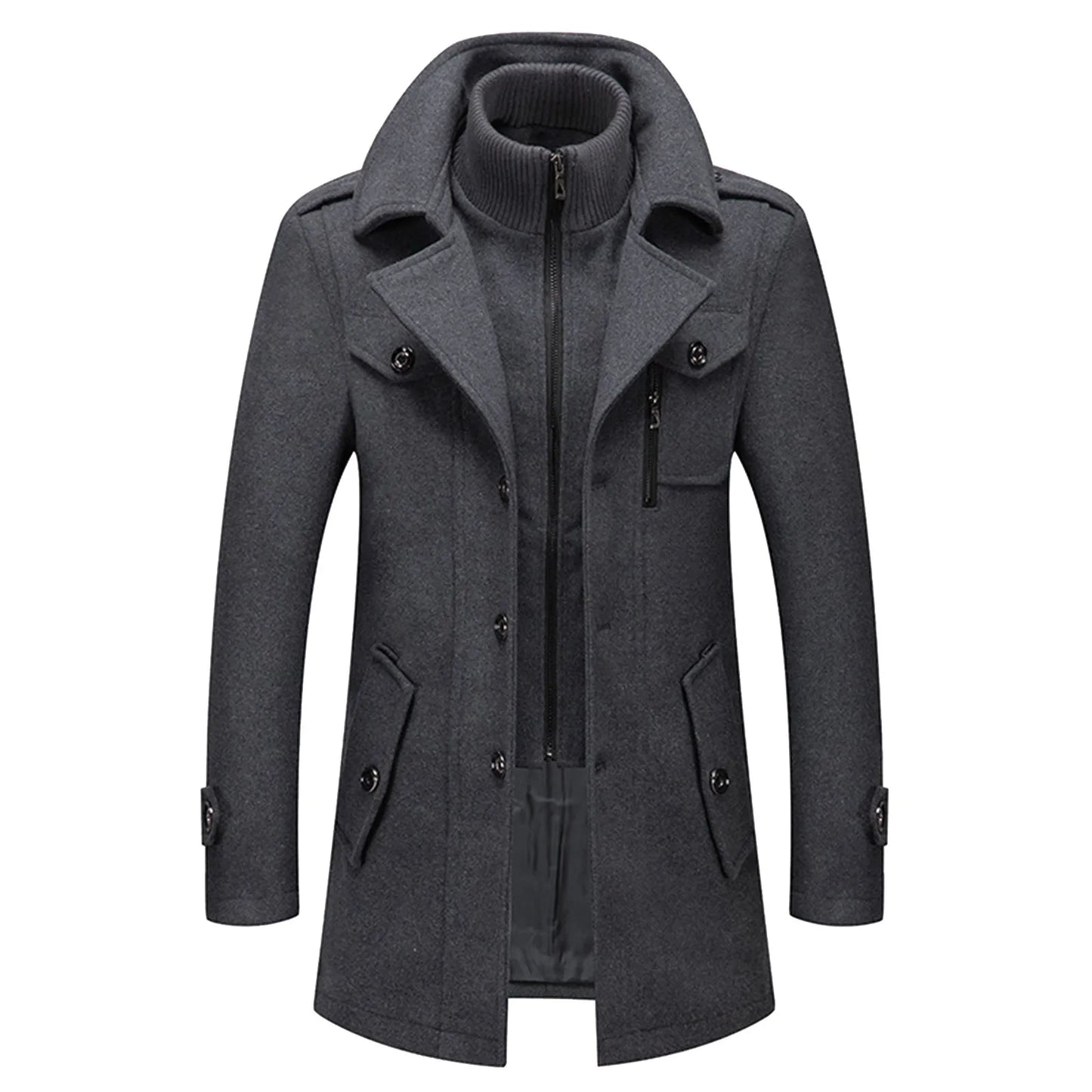 Men's Black Outwears Jackets 2 Piece Business Woolen Trench Coats Plus Size